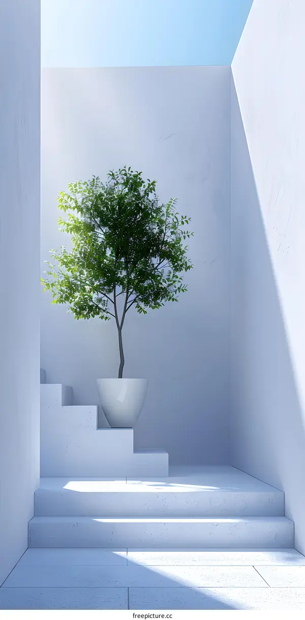 3D rendering of a small tree in a pot on the stairs