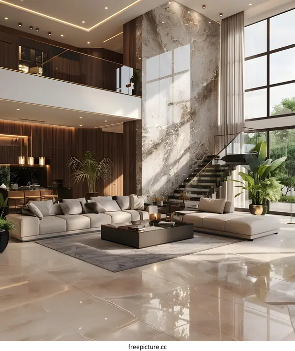 Modern Living Room Interior Design with Marble Wall and Glass Staircase