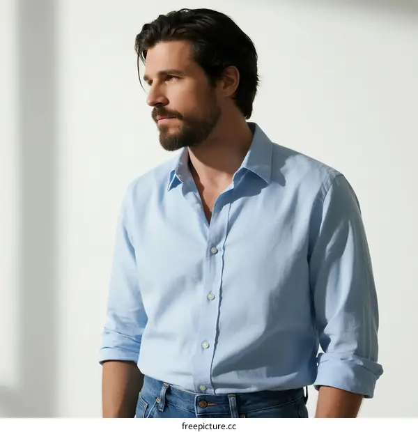 A man wearing a light blue shirt and jeans standing against a plain background