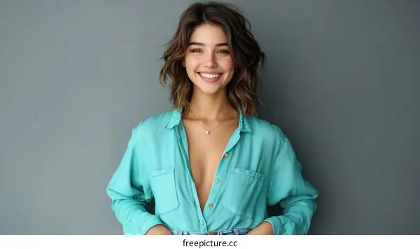 Smiling Woman in Turquoise Shirt Against Gray Background