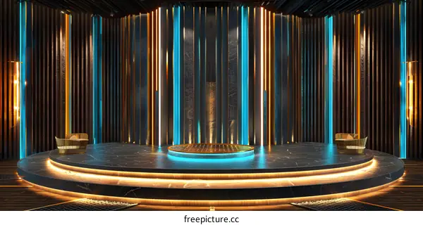 Modern Blue and Gold Circular Stage with Lights