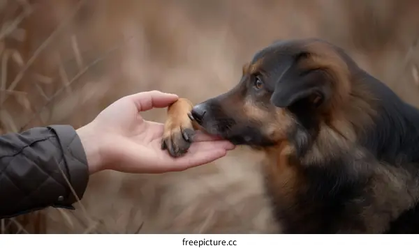 A dog is putting his paw in a human's hand