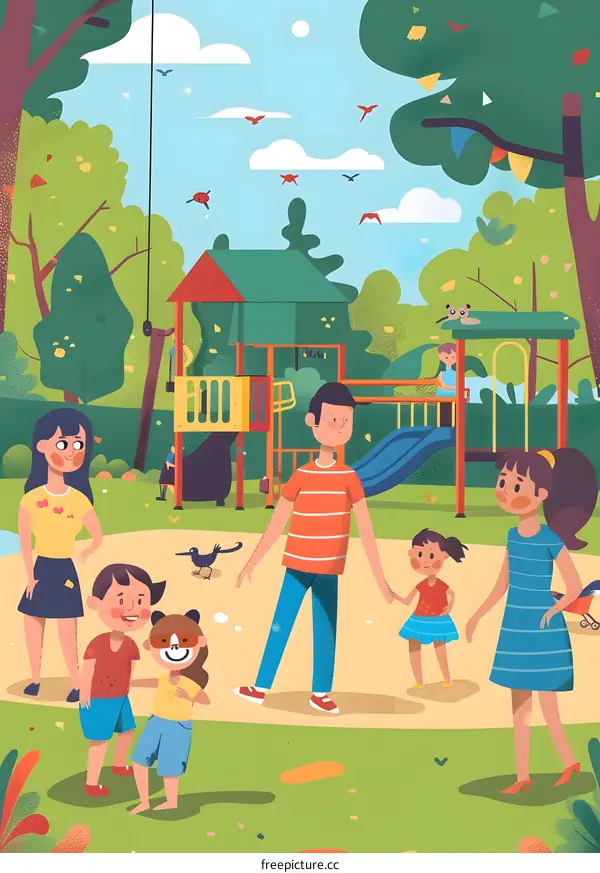 Happy Family Playing in Playground Illustration