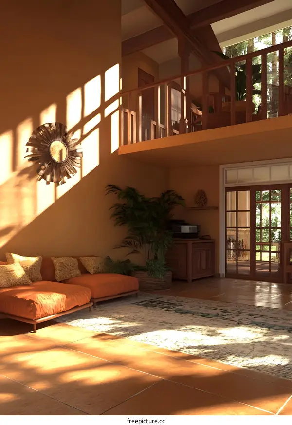 Modern Living Room Interior Design With Orange Sofa And Wooden Beams