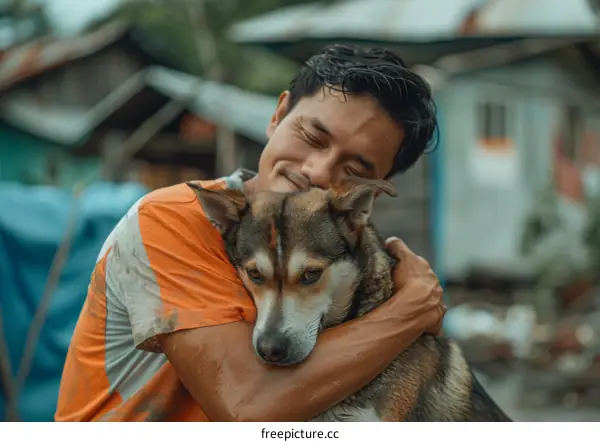 A man is hugging a dog with affection in an outdoor setting