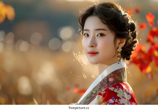 Portrait of a beautiful Korean woman in traditional Hanbok dress