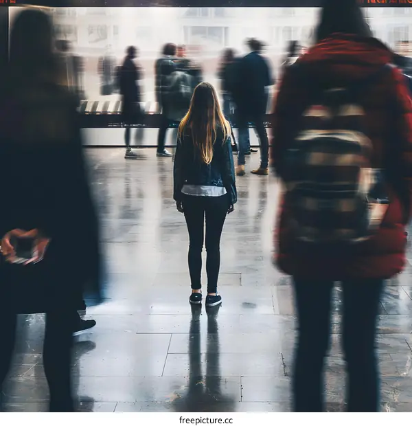 Woman Standing in a Busy Train Station with Blurry People