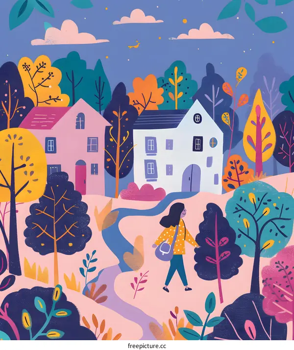 Colorful Illustration Of A Woman Walking Through A Forest