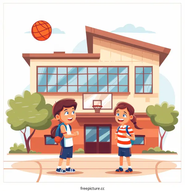 Two kids playing basketball outside the school