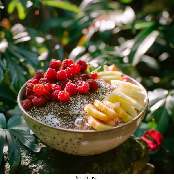 Healthy Chia Seed Pudding with Peaches & Raspberries