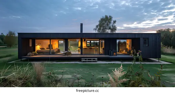 Modern Black Wooden Cabin With Large Windows In Rural Landscape