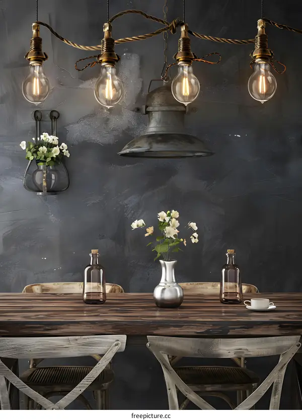 Rustic Dining Room Interior Design with Vintage Light Bulbs