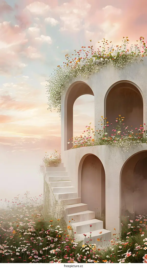 White Architecture With Flowers and Stairs in a Dreamy Setting