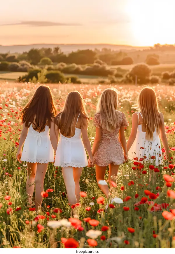 Four Girls Walking Through Poppy Field At Sunset