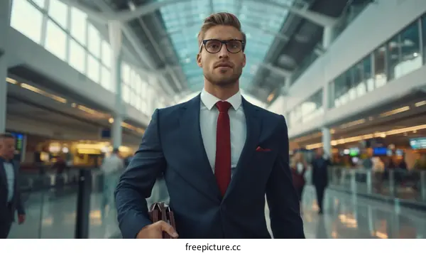 Confident businessman with briefcase walking in airport terminal