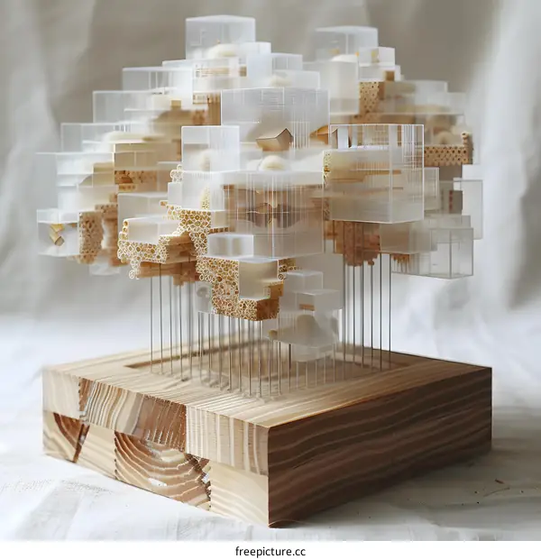 A wooden model of a city with clear blocks