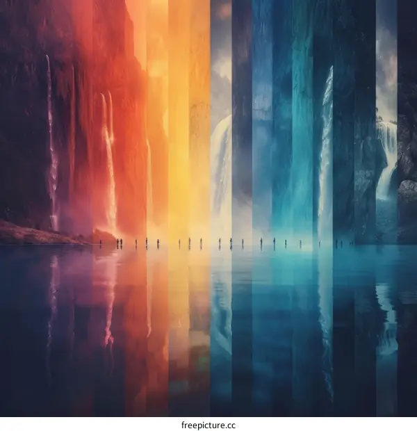 People walking through a colorful canyon with waterfalls