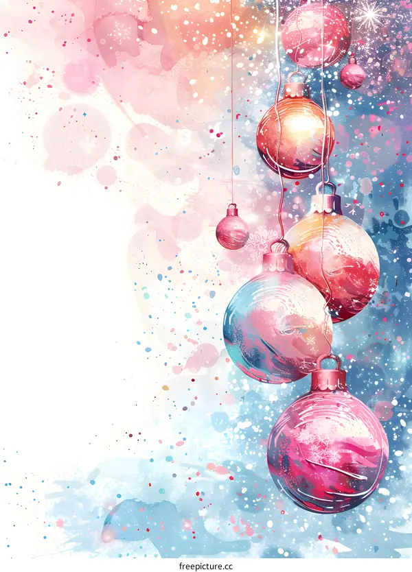 Christmas watercolor background with hanging ornaments