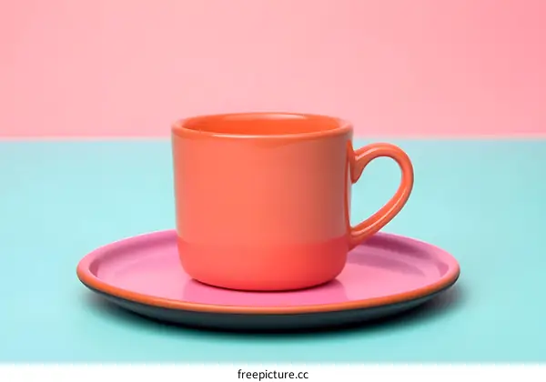 Orange Cup and Pink Saucer on Blue and Pink Background