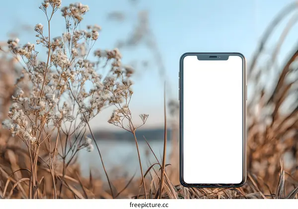 Smartphone Mockup with White Screen in Dry Grass Field
