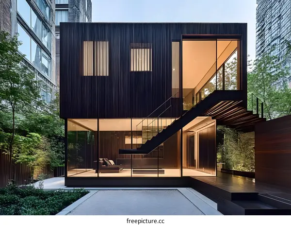 Modern House with Wooden Facade and Glass Windows