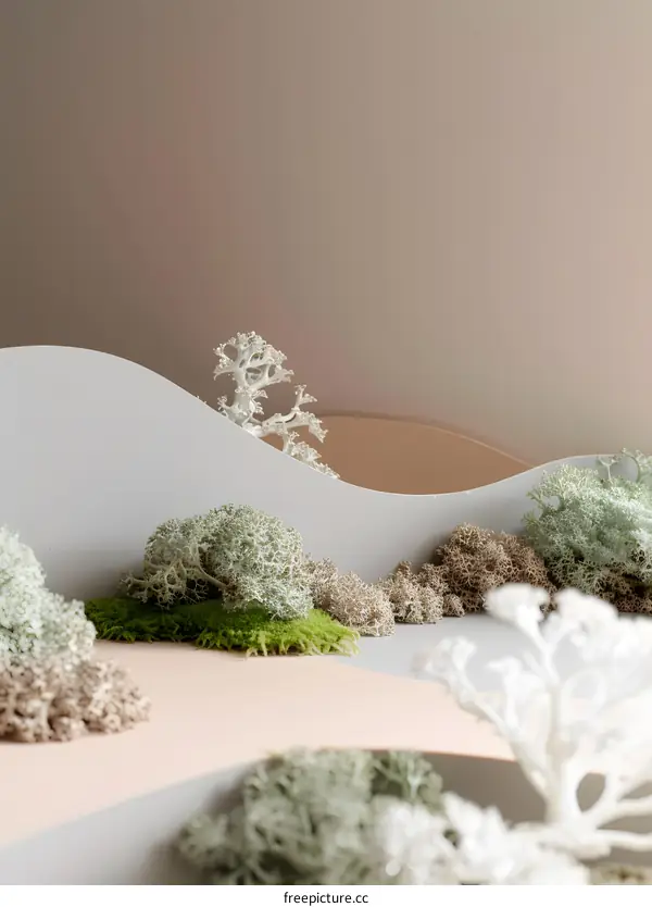 Abstract Minimalist Landscape with White and Green Moss on Pink and Grey Background