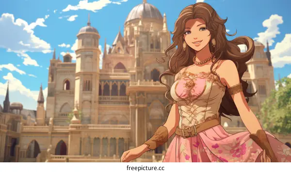 An illustration of a young woman standing in front of a castle