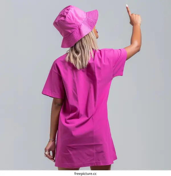 A woman wearing a bucket hat and a pink t-shirt is pointing up