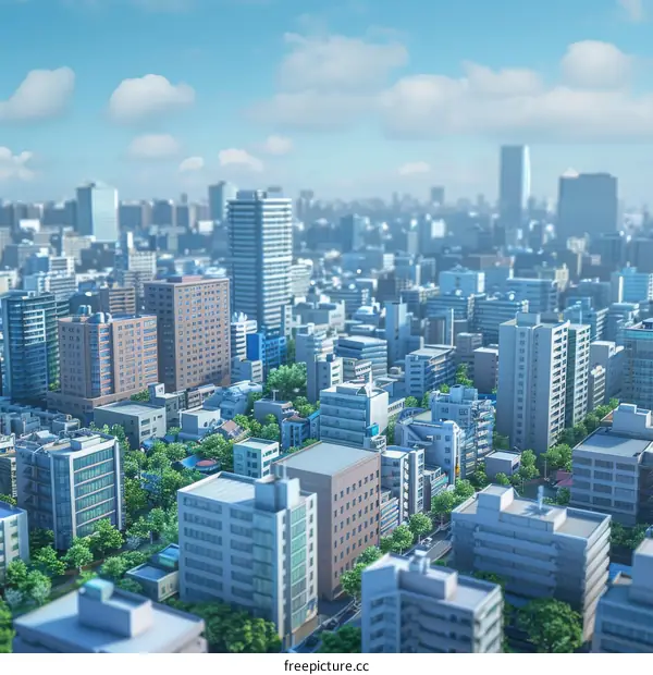 A futuristic city's cityscape with many skyscrapers and a bright blue sky