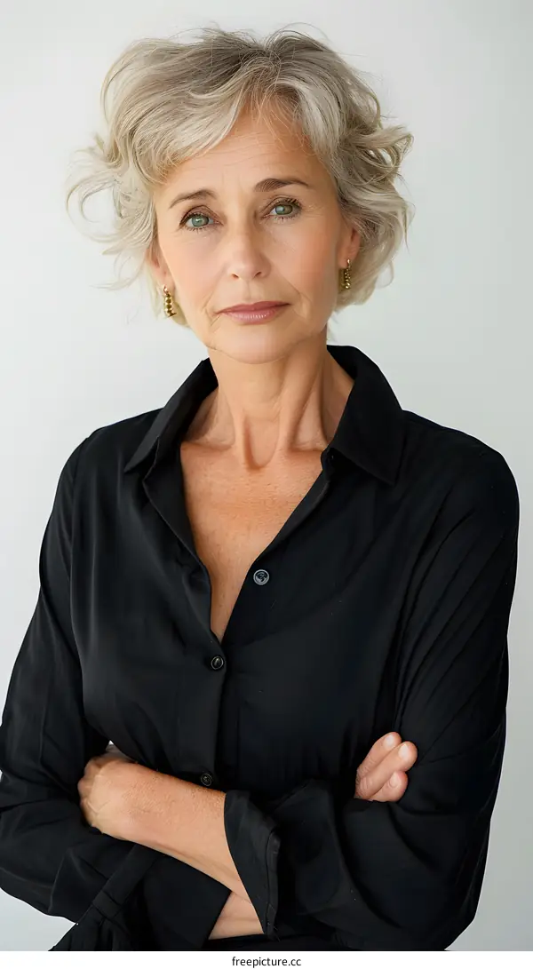 portrait of a middle-aged woman with short gray hair and green eyes
