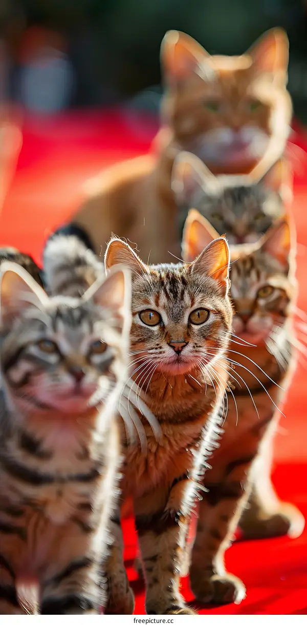 A group of cats of different breeds are sitting on a red carpet.