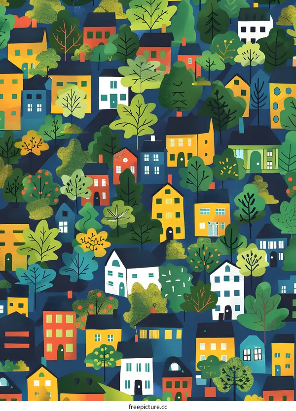 Colorful Houses in the Green Forest