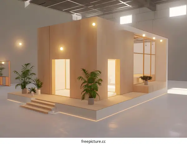 Minimalist Wooden House with Plants and Lights