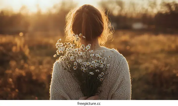 Woman Holding Bouquet of Daisies in a Field