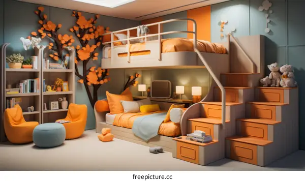 A Modern and Colorful Kids' Bedroom with a Tree Mural and Bunk Beds