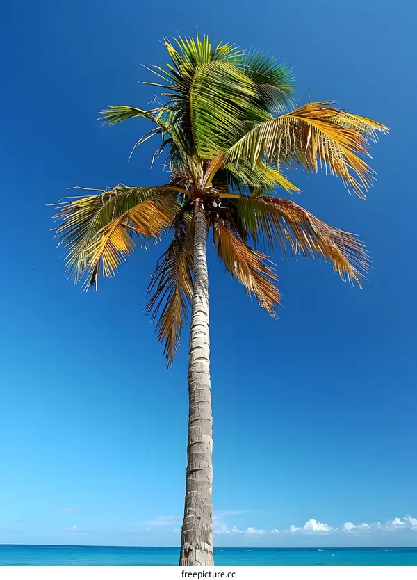 Palm tree against blue sky and ocean