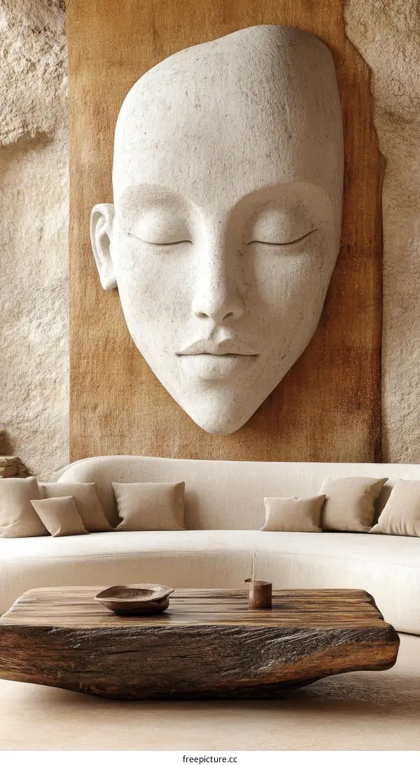 Modern Beige Sofa Room Interior Design with Sculpture Face