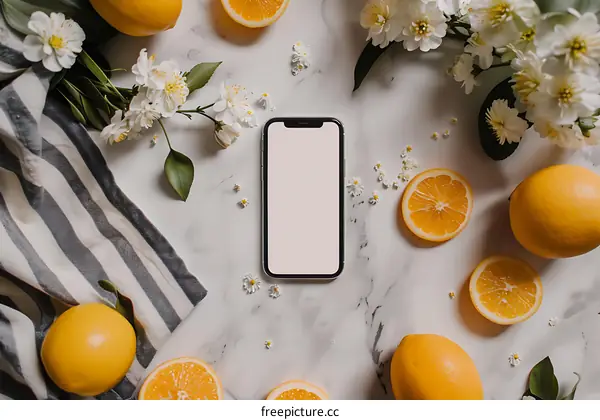 Lemon and Flowers Flatlay with Smartphone