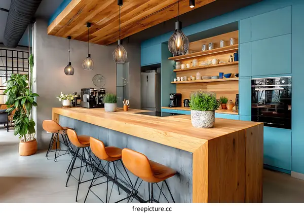 Modern Wooden Island Kitchen with Teal Cabinets