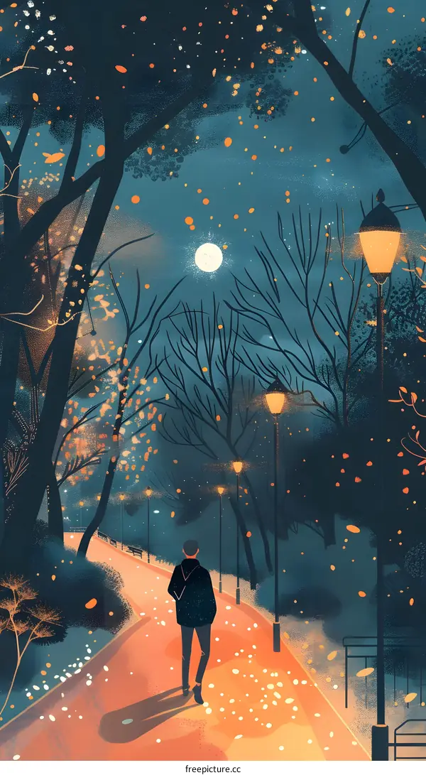 Night Walk in the Park with Falling Leaves
