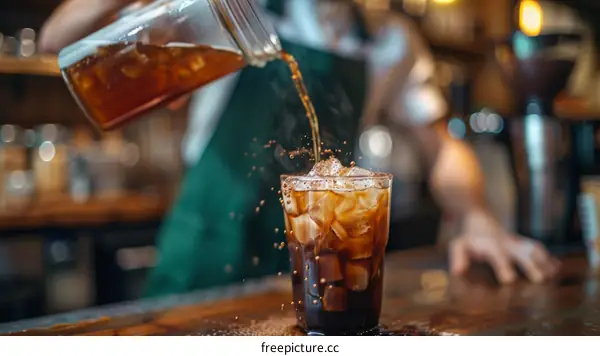 iced coffee being poured from a glass jar into a glass with ice