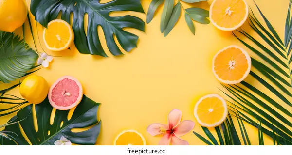 Summer Tropical Fruit Background with Green Leaves