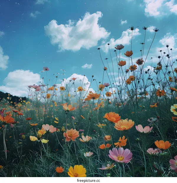 Colorful Cosmos Flowers in a Field Against a Blue Sky