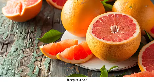 Fresh Grapefruit Slices On Wooden Table