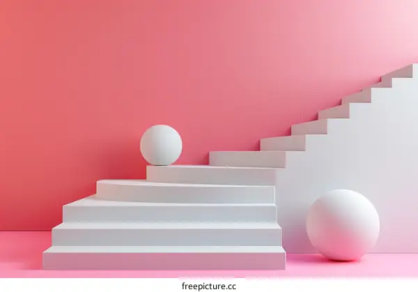 Pink and White Geometric Background with Staircase and Spheres 3D Render