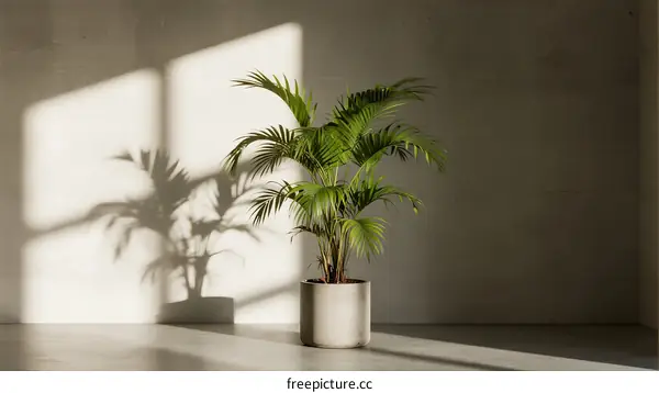 Indoor palm plant in white pot with natural light shadow