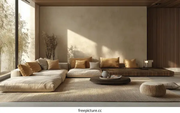 Modern Minimalist Living Room Design with Beige Sofa and Wooden Floor