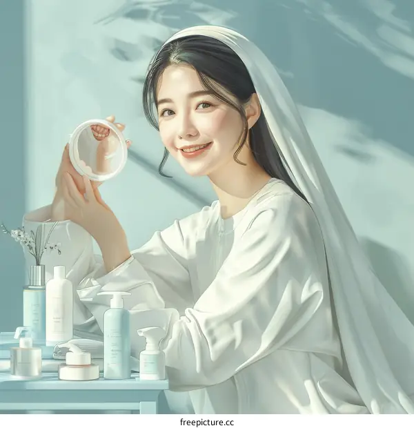 Asian woman in white clothes holding a mirror and smiling