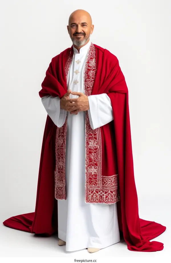 A man wearing a red cape with white robe