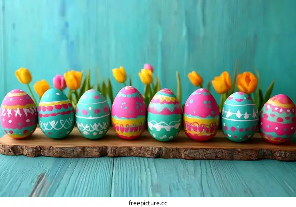 Colorful Painted Easter Eggs on Wooden Tray